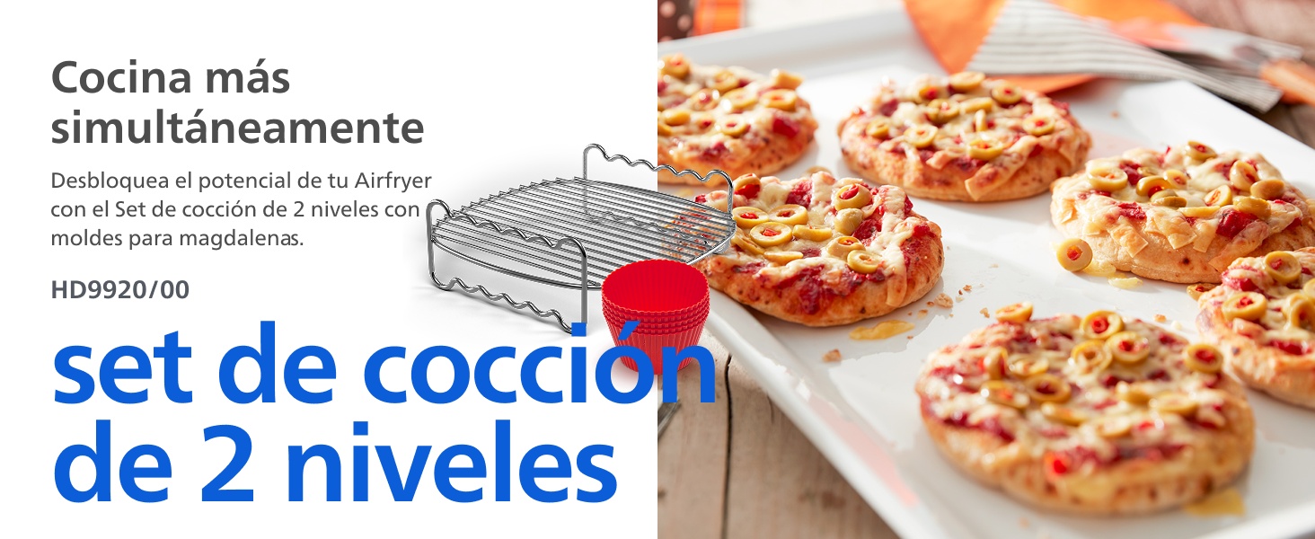El texto dice «cocina más simultáneamento». Anuncio del producto que muestra la pizza y las superficies para cocinar, lo que sugiere la capacidad de cocción en varios niveles.