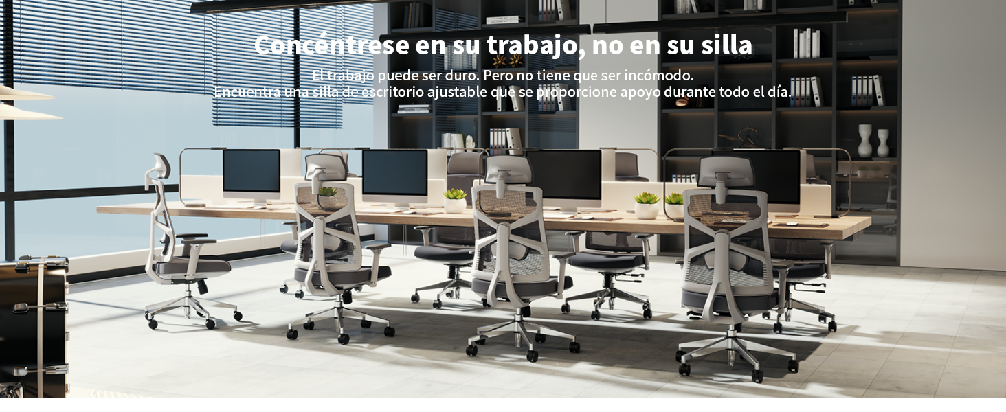 Espacio de oficina moderno con múltiples estaciones de trabajo con sillas ergonómicas grises y escritorios blancos dispuestos en filas bajo iluminación ambiental