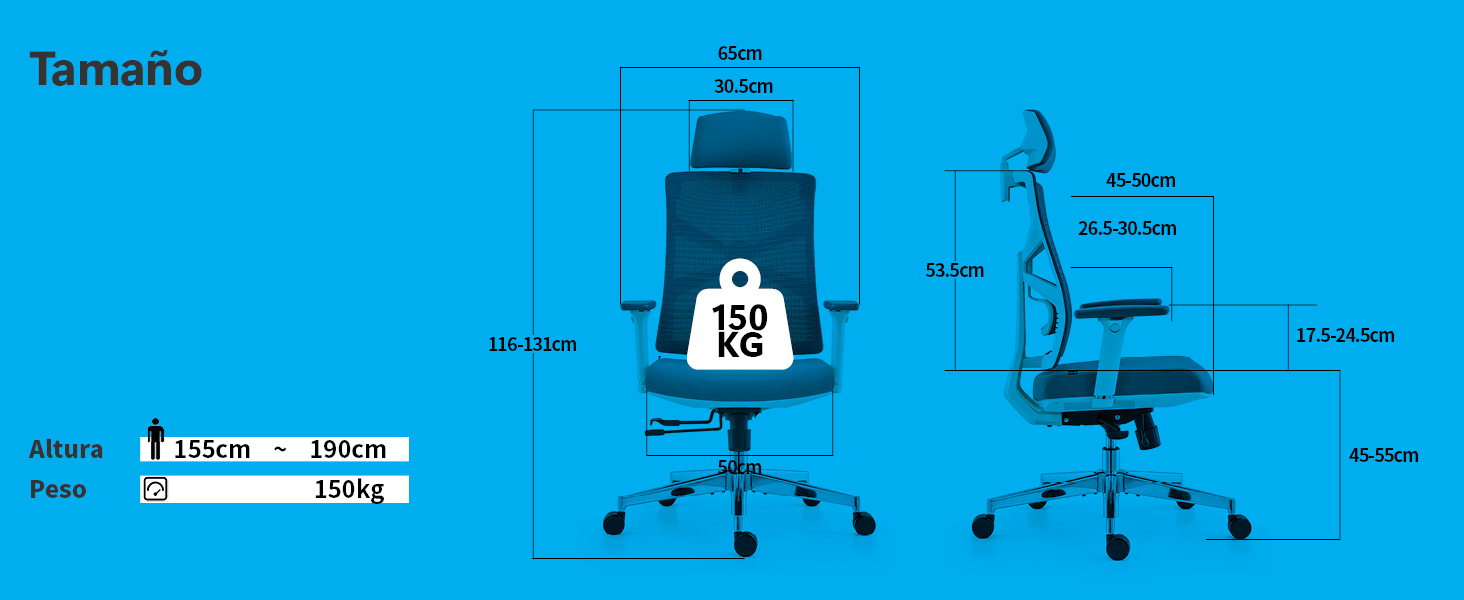 Diagrama técnico que muestra las dimensiones de una silla de oficina desde una vista frontal y lateral, e indica la capacidad de peso de 150 kg y los ajustes de altura