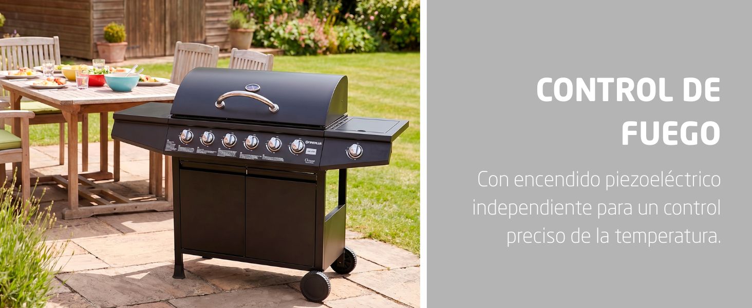 El texto dice «CONTROL DE FUEGO». Cocina de gas negro con varios quemadores y horno que se exhibe al aire libre en un entorno natural.