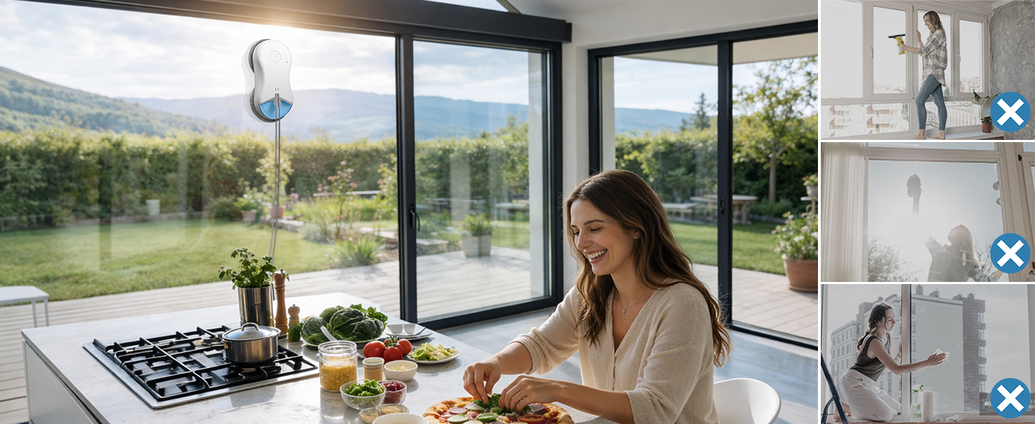 Interior de cocina moderna con ventanas panorámicas con vistas a las montañas y la vegetación. Cuenta con estufa de gas, gabinetes blancos y luz natural que inunda el espacio de concepto abierto.