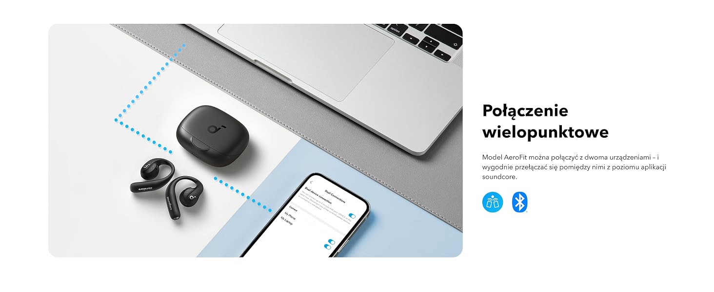 Bezprzewodowe słuchawki douszne z etui ładującym wyświetlane obok laptopa i smartfona, pokazujące interfejs łączności Bluetooth