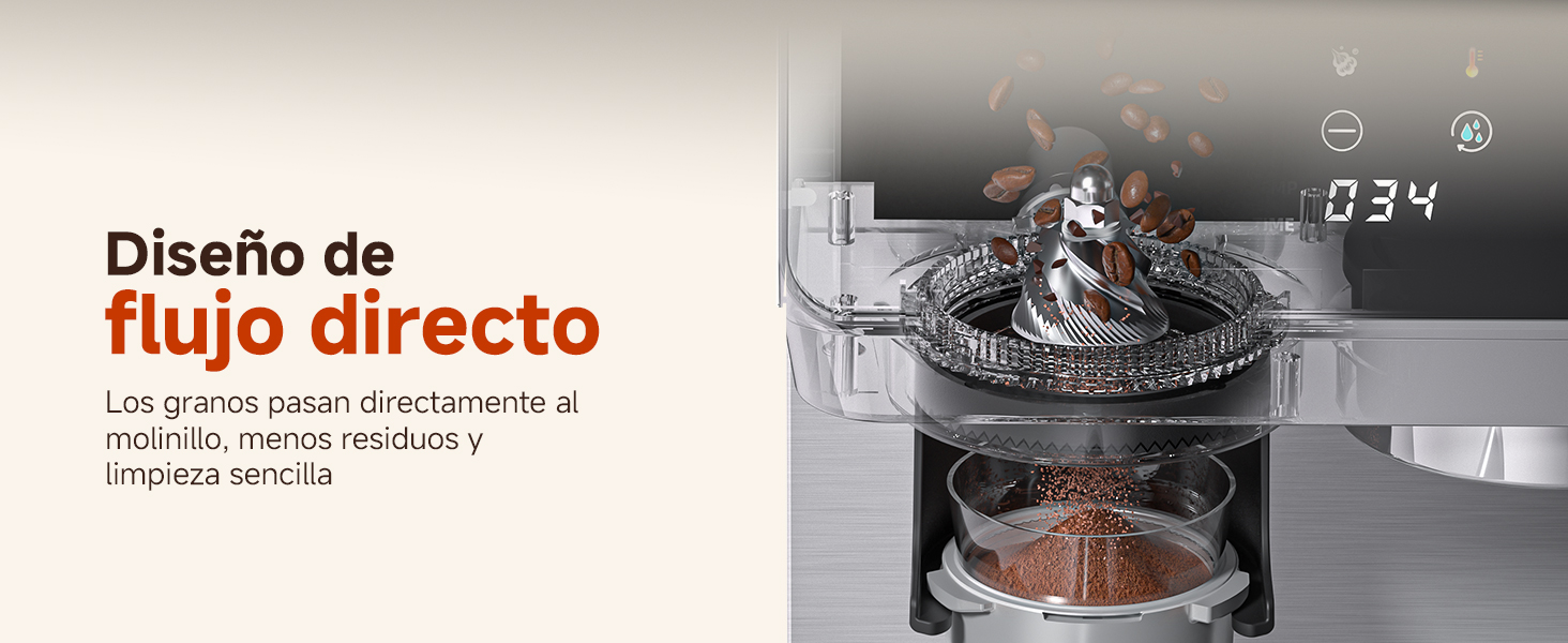 El texto dice «flujo directo» y «Diseño de». Imágenes de demostración del producto que muestran un dispositivo circular con diagramas técnicos e indicadores de flujo de aire.