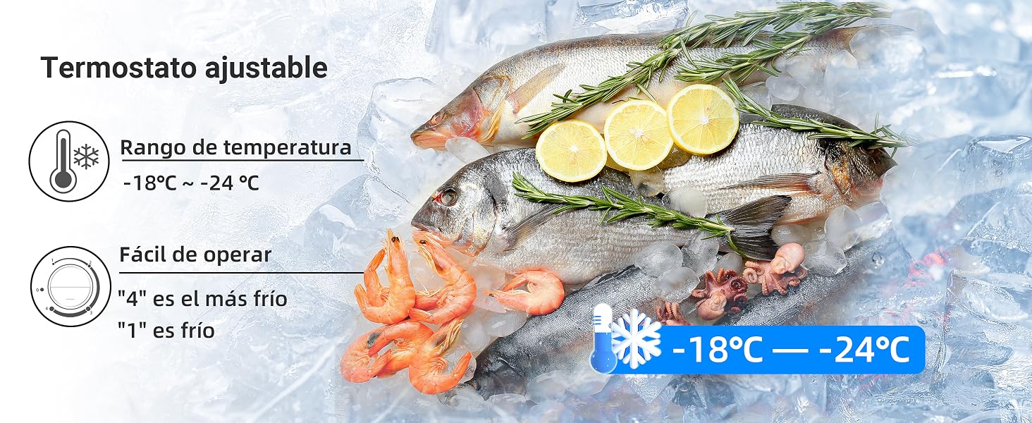 Pantalla de termostato ajustable para refrigeración. Muestra el rango de temperatura de -18 °C a -24 °C, con iconos que indican la facilidad
