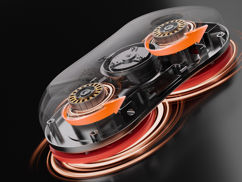 Representación 3D abstracta con formas metálicas curvas en colores negro, naranja y rojo sobre un fondo oscuro, con elementos mecánicos circulares que crean una estética tecnológica y dinámica.