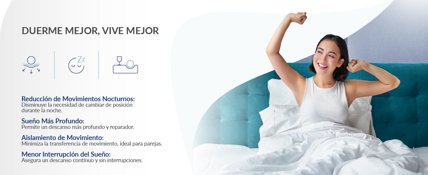 El texto dice «DUERME MEJOR, VIVE MEJOR». La imagen muestra una escena alegre en el dormitorio con un fondo azul etéreo.
