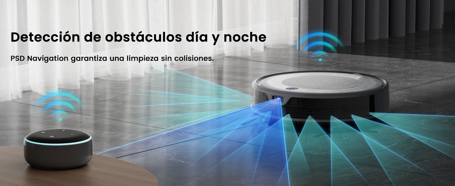 El texto dice «Detección de obstáculos día y noche». Interior de una habitación oscura con haces de luz azul que muestran la visualización de la detección de obstáculos.