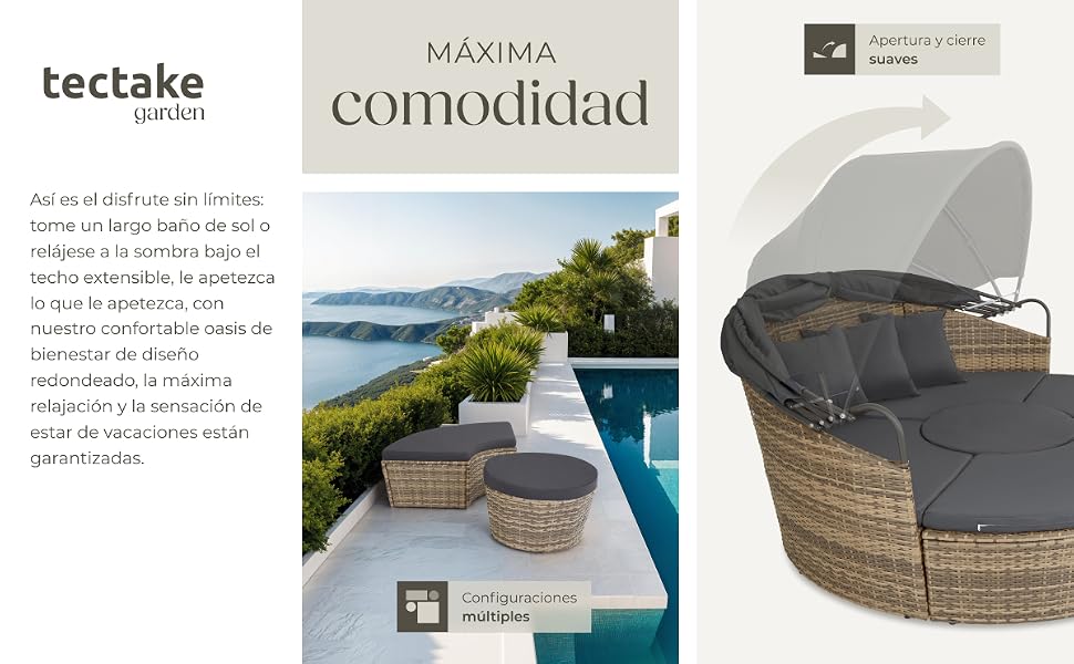 El texto dice «comodidad». Catálogo de productos o pliego de revista que muestre muebles de exterior, con una escena junto a la piscina y lo que parece ser un juego de muebles de mimbre.