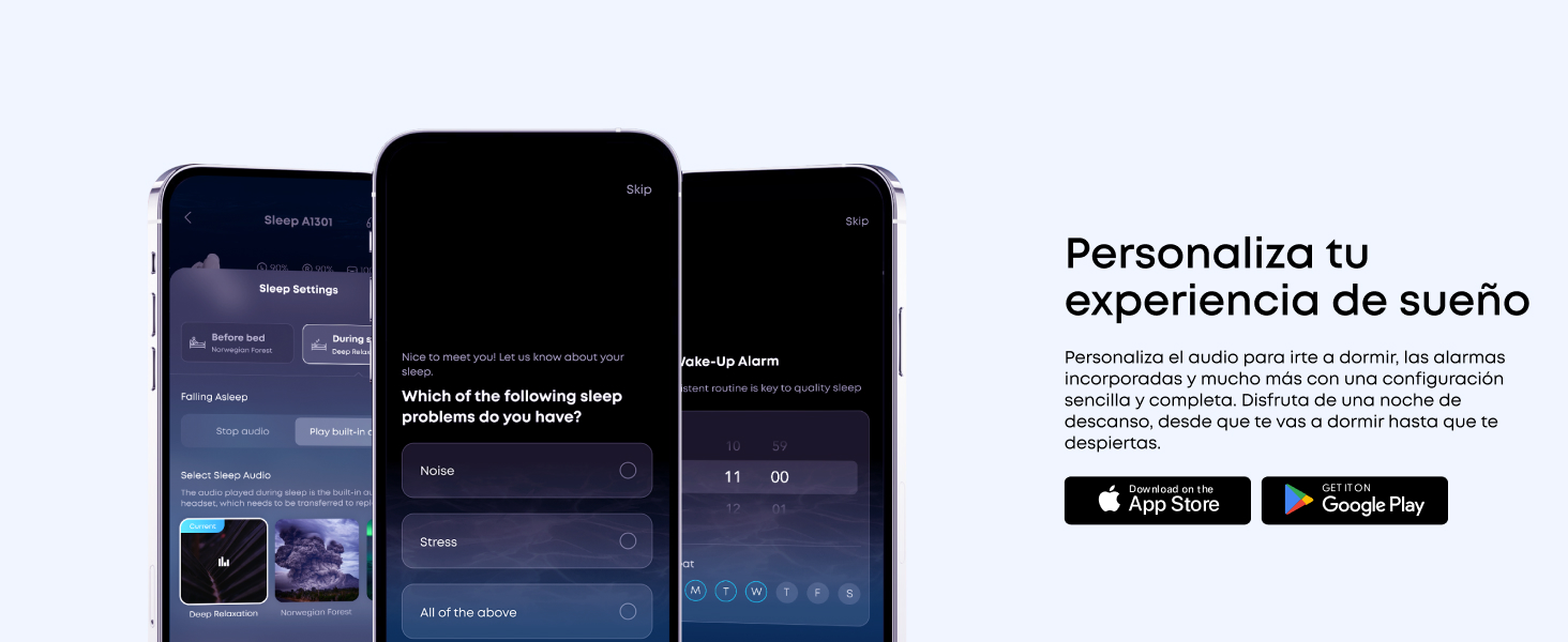 Capturas de pantalla de la interfaz de la aplicación móvil que muestran las funciones de seguimiento del sueño con los botones de descarga de la tienda de aplicaciones. El texto incluye «PersonalAuto tu experiencia de sueño».