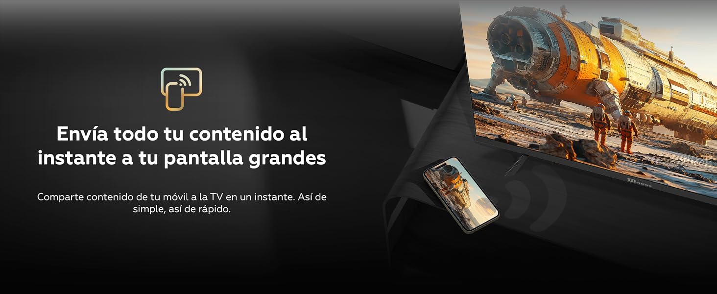 que muestra la función de streaming de contenido con transmisión desde teléfonos inteligentes a una pantalla más grande, ilustrado con la escena y el icono de una película.