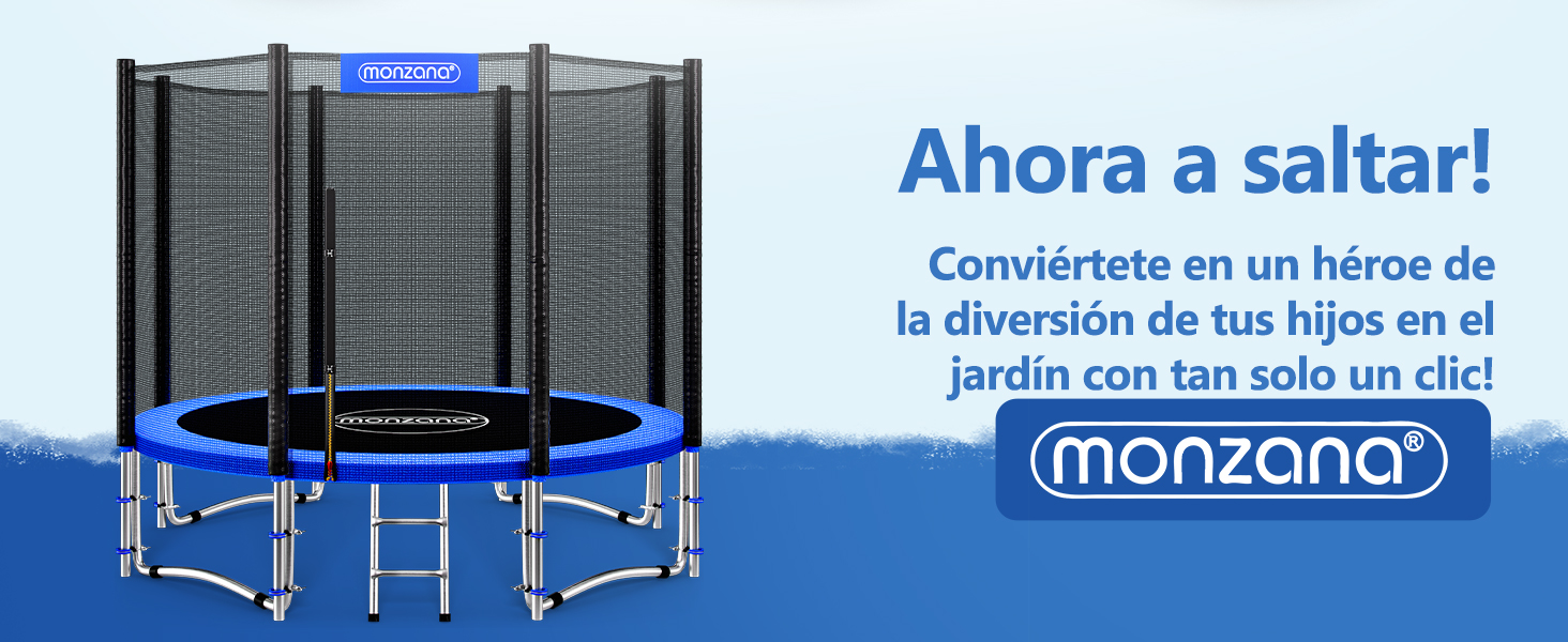 El texto dice «¡Ahora a saltar!» y «Conviértete en un héroe de la diversión de tus hijos en el jardín». Anuncio de cama elástica de la marca Monzana que muestra una cama elástica grande para exteriores con cierre de seguridad y acolchado azul.