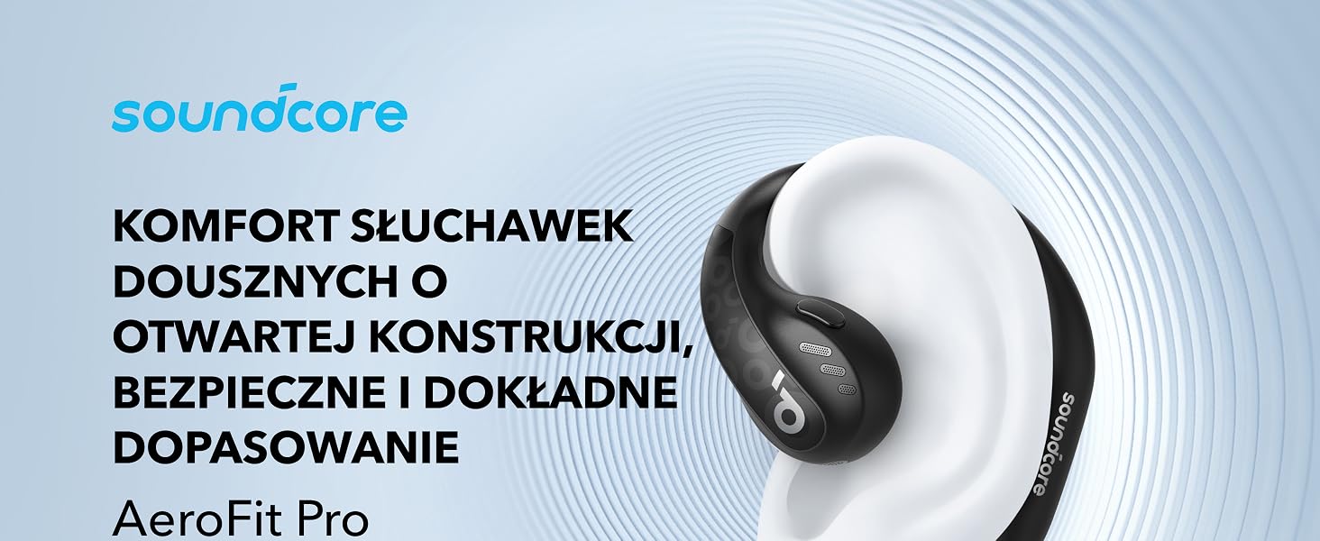 Bezprzewodowe słuchawki douszne Soundcore o otwartym kształcie, pokazane w kolorze białym na tle zakrzywionego wzoru linii. Posiada ergonomiczną konstrukcję dla wygody.