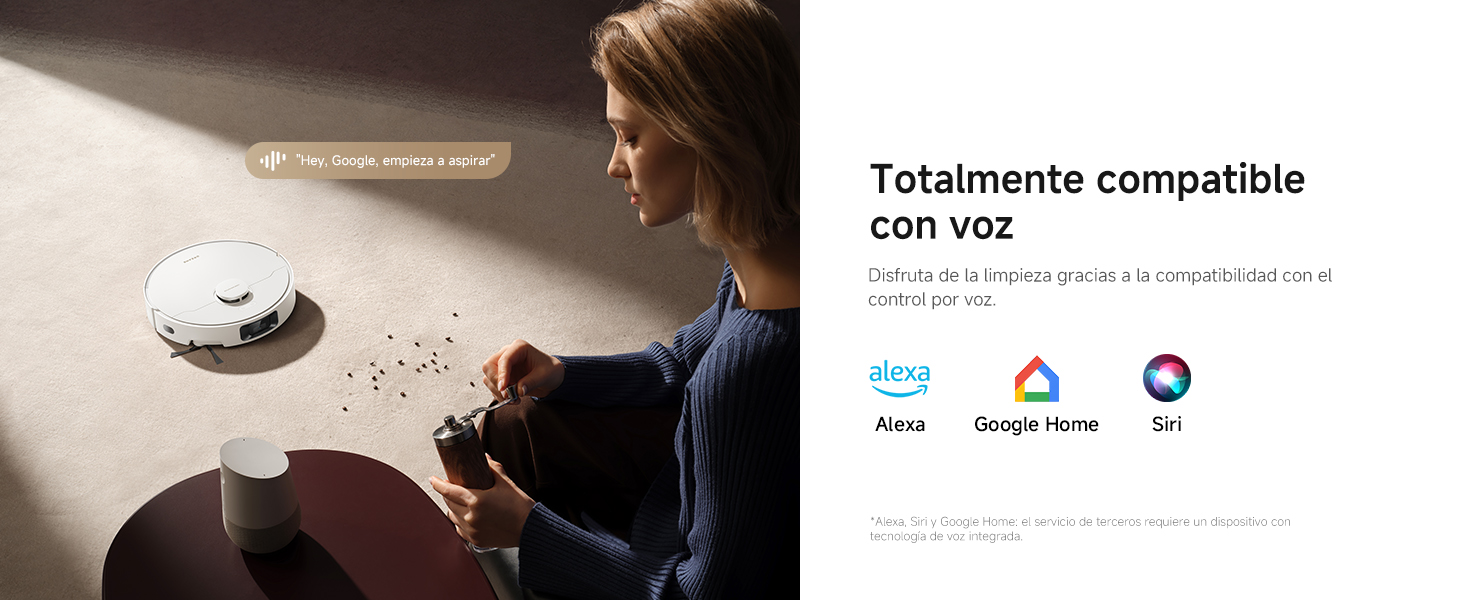 El texto dice «Totalmente compatible con voz». La imagen muestra a una persona cerca de lo que parece ser un dispositivo inteligente.