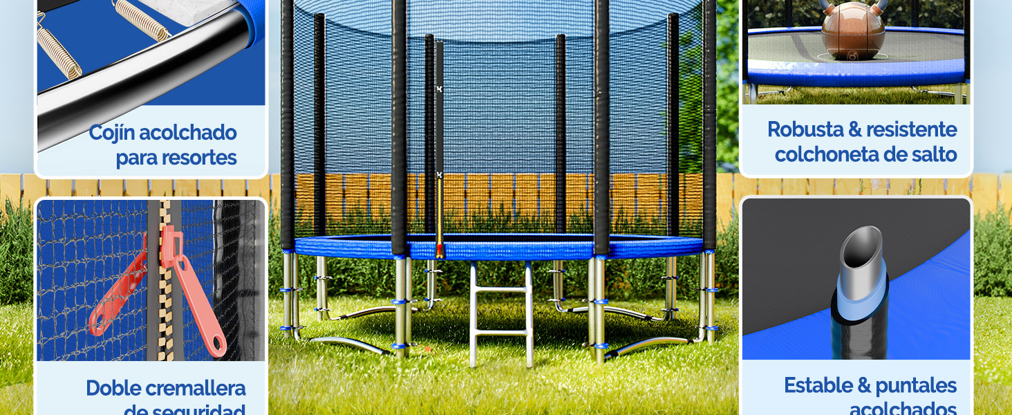 El texto dice «AB 8 JAHREN». Varias imágenes promocionales que muestran la configuración de una cama elástica para exteriores con una red de seguridad en un jardín o patio trasero.