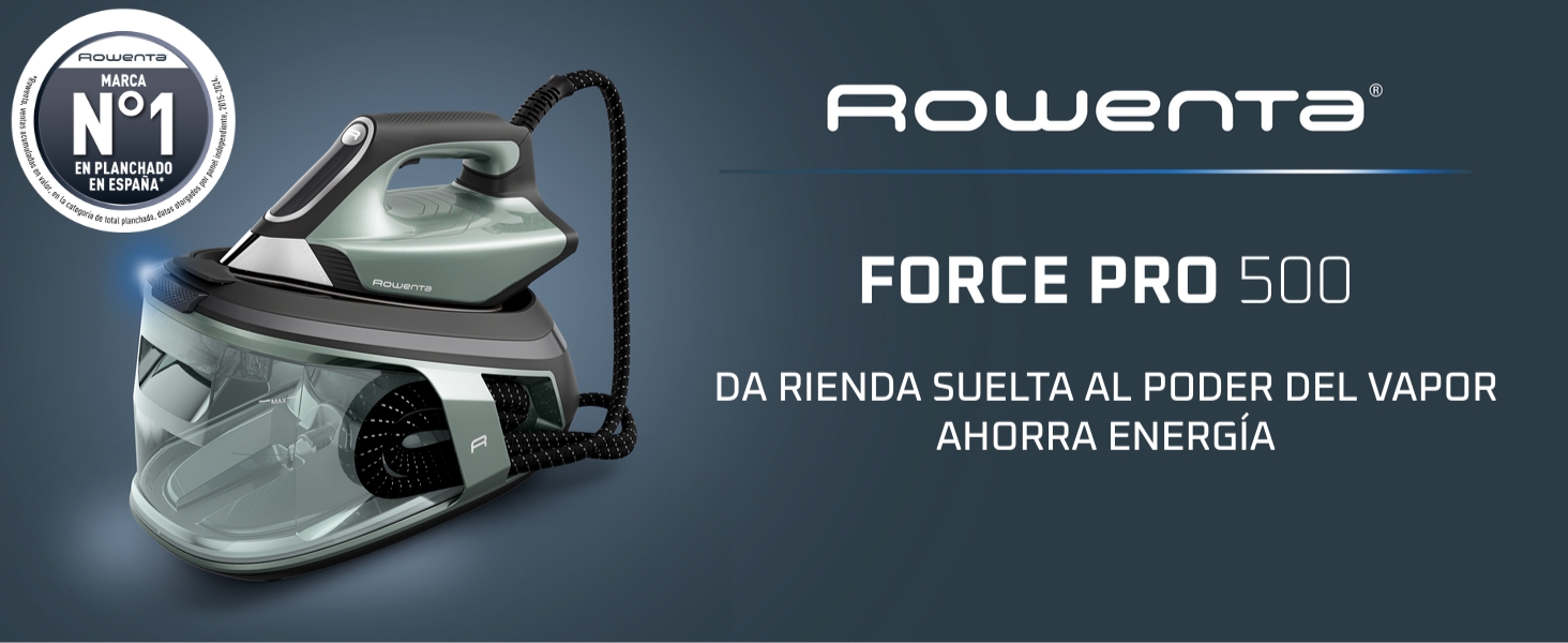 El texto dice «ROWENTA FORCE PRO 500 DA BUONA GUSTA AL POTER DEL VAPOR ASSORBA ENERGIA». Se muestra el sistema de plancha a vapor profesional sobre un fondo oscuro.