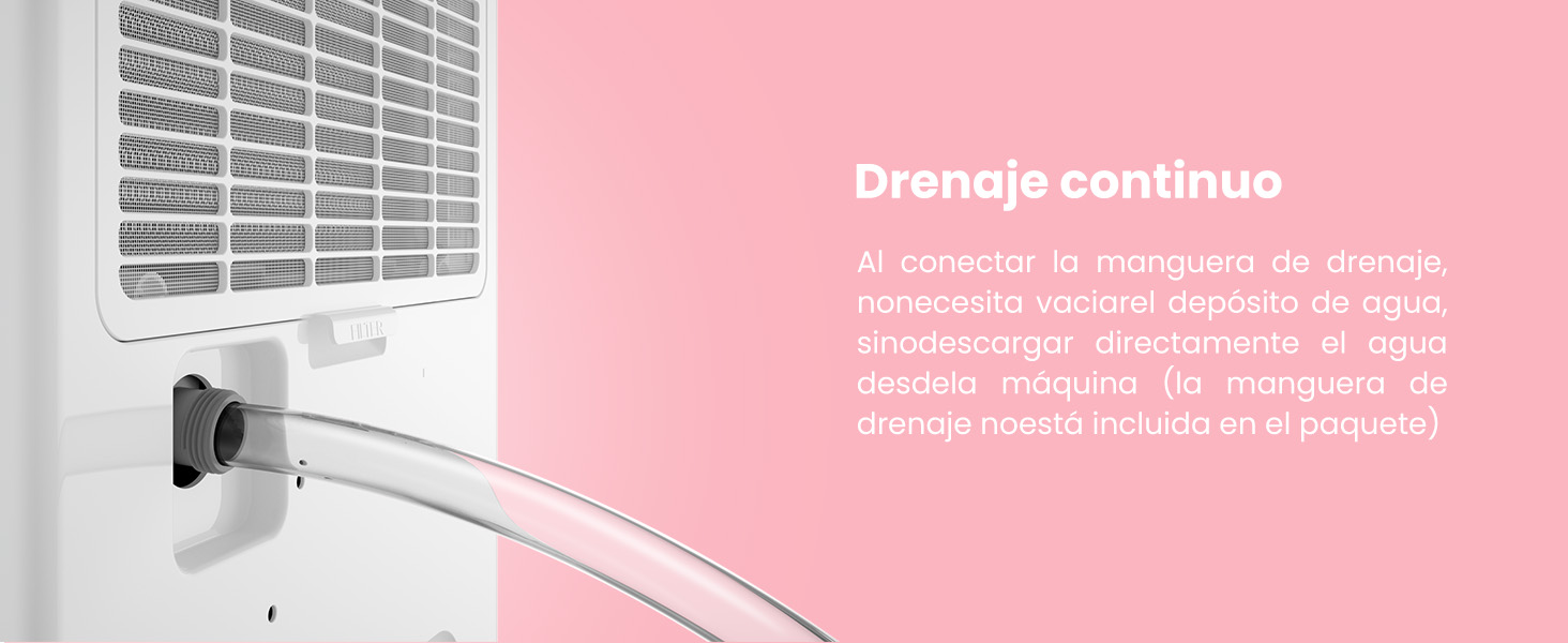 blanco con sistema de drenaje que muestra la conexión a la salida de agua, con un panel informativo rosa que explica la función de drenaje continuo en español.