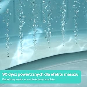 Tekst brzmi „90 dysz powiertnych dla efektu masażu” i „Babelkowy relaks za nachylęciem przycisków”. Turkusowa woda z pęcherzykami powietrza spływającymi w górę na teksturowanej powierzchni.