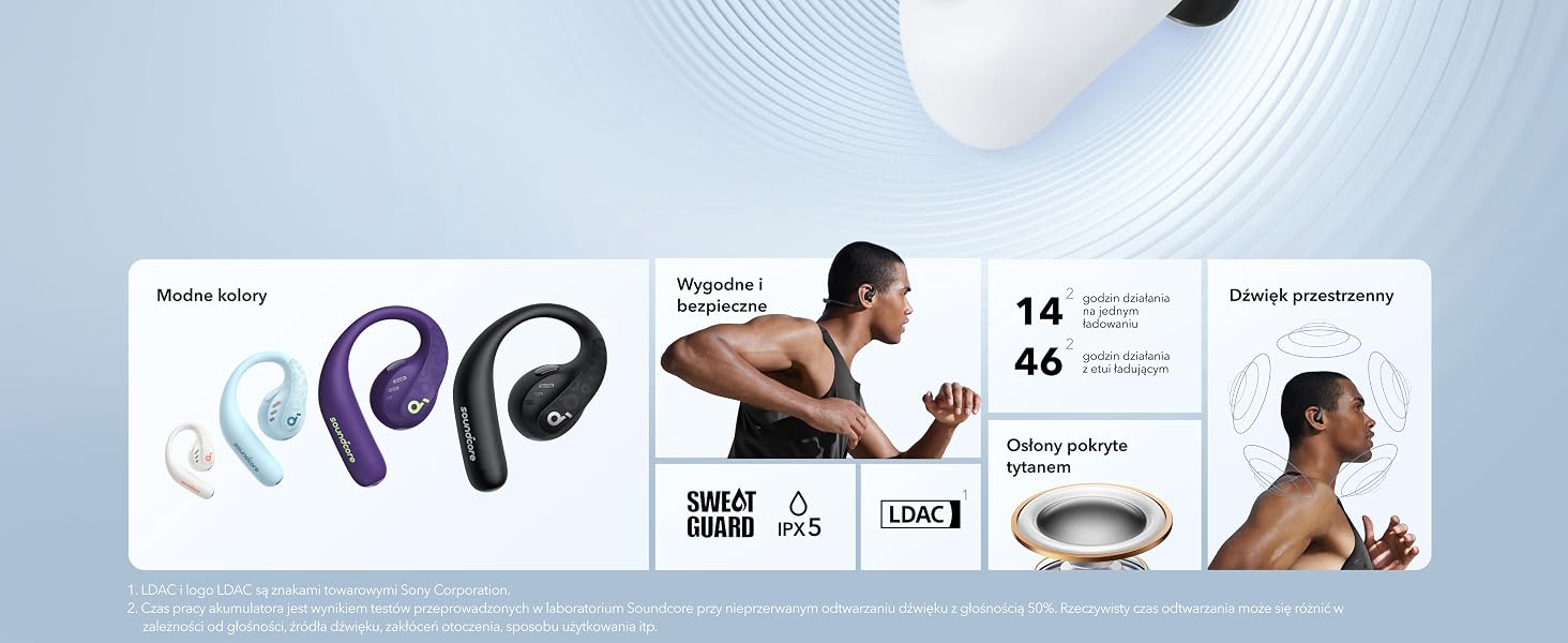 Prezentacja produktów słuchawek sportowych z zakrzywionym haczykiem w kolorach czarnym i fioletowym, ze wskaźnikami aktywności fitness i specyfikacjami