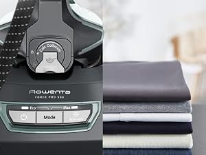 El texto dice «ROWENTA». La cabeza de la plancha para ropa se muestra junto a una pila de tela cuidadosamente doblada en varios tonos de azul y gris.