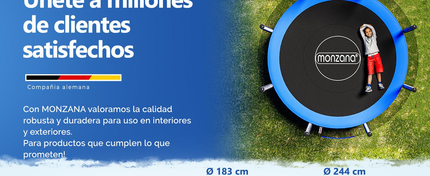 El texto dice «Onete a millones de clientes satisfechos». Dimensiones del producto mostradas: Ø 244 cm y Ø 183 cm. Imagen de marketing que muestra un producto circular con texto promocional en español.