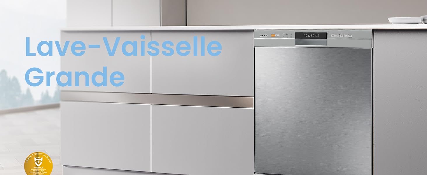 El texto dice: «Lave-Vaisselle», «Grande». El lavavajillas o electrodoméstico de acero inoxidable de estilo comercial se muestra desde varios ángulos.