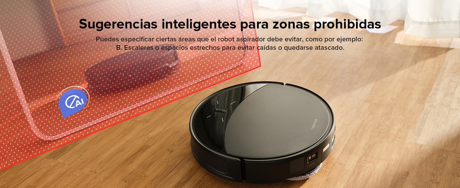 sobre suelo de madera, con marcadores rojos que indican zonas restringidas.