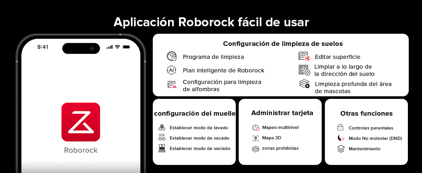 Captura de pantalla de la interfaz de una aplicación móvil que muestra el menú de configuración de Roborock en español, que muestra varias opciones de configuración y control con un tema oscuro