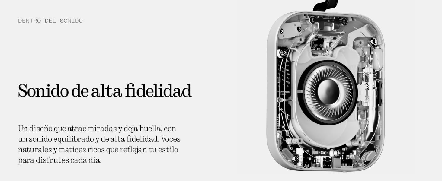 El texto dice «Sonido de alta fidelidad». Diagrama técnico en blanco y negro que muestra los componentes internos de lo que parece ser un equipo de audio.