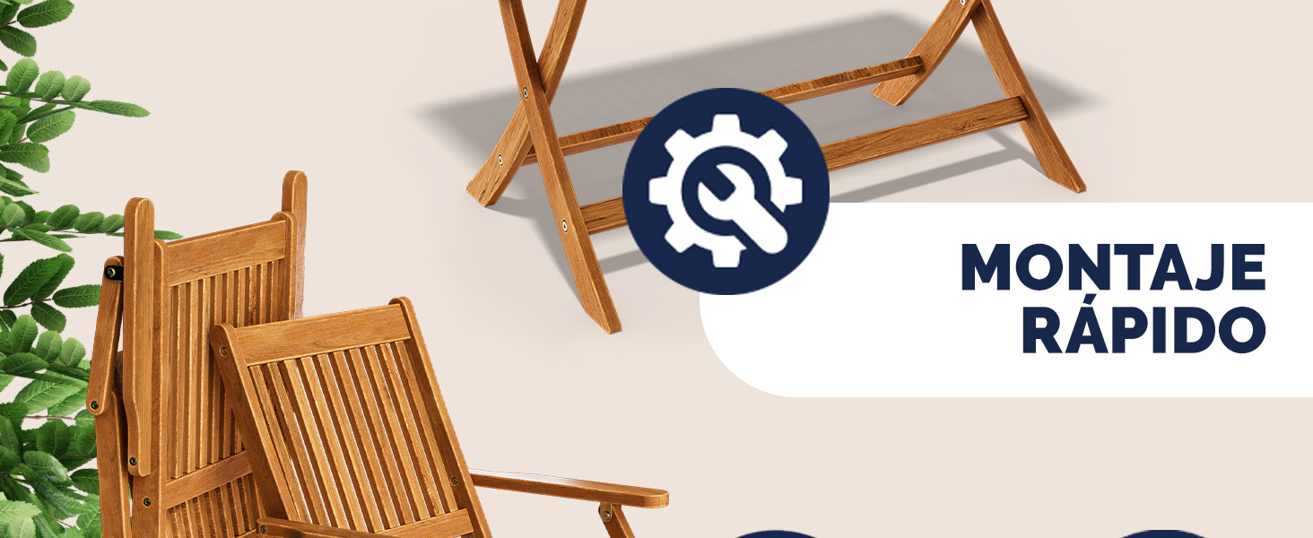 Sillas y mesa plegables de madera, parcialmente visibles. El texto «MONTAJE RÁPIDO» (Montaje rápido) con el icono de engranaje indica la función de fácil configuración de los muebles de