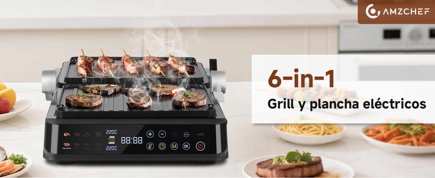 El texto dice «Grill y plancha eléctricos 6 en 1». Otra vista de la parrilla eléctrica muestra los alimentos que se están cocinando en ambas placas con pantalla de control.