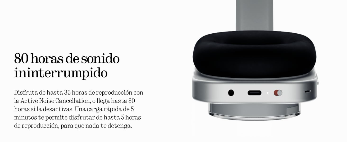 El texto dice «80 horas de sonido ininterrumpido». El altavoz o dispositivo de audio circular negro se muestra desde varios ángulos sobre un fondo blanco.