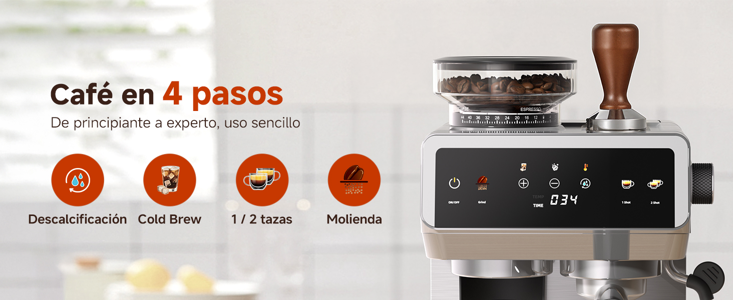 El texto dice «Café en 4 pasos: Descalcificación, Cold Brew, 1/2 Taza, Moliendo». Interfaz de máquina de café con pantalla digital y molinillo.