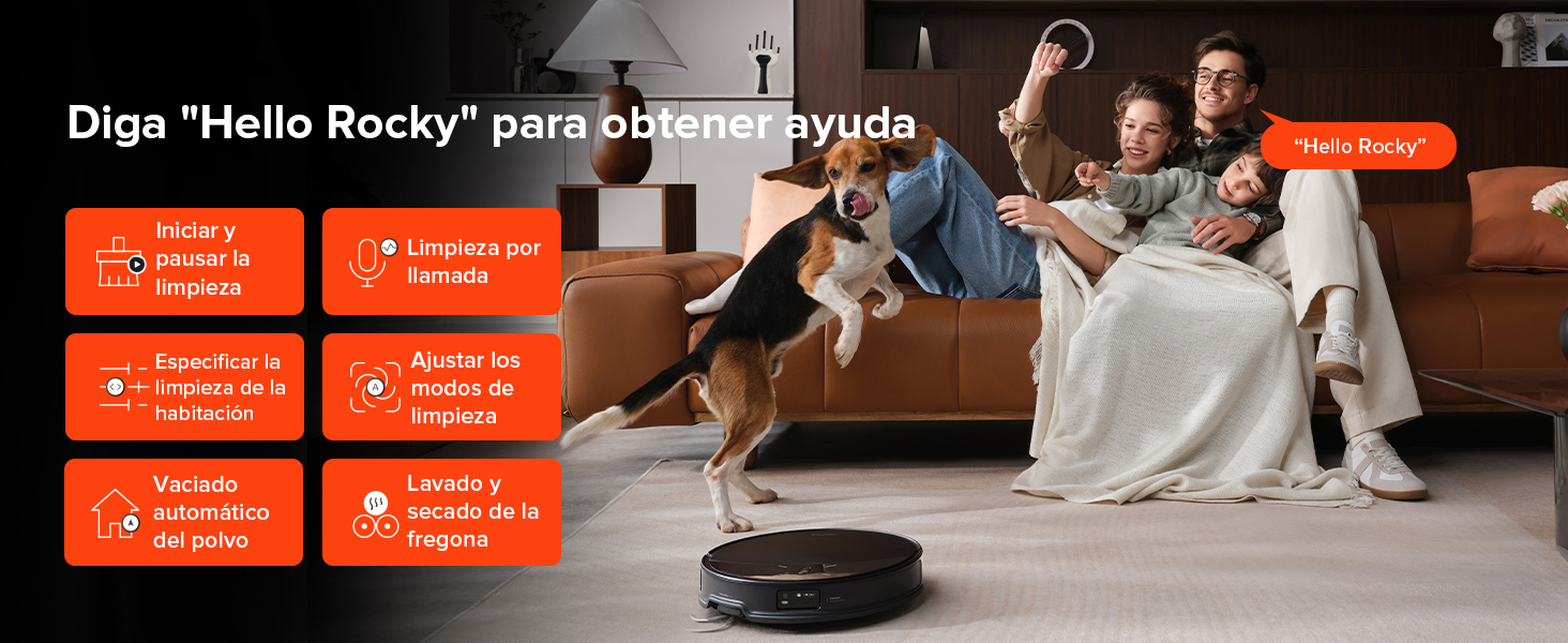 Anuncio que muestra una aspiradora robótica con múltiples funciones en texto en español, que se muestra junto a una escena de sala