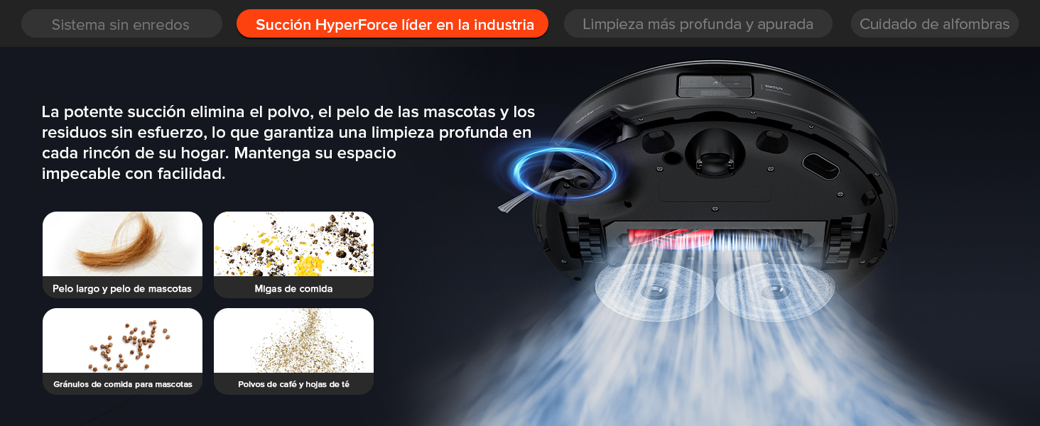Diagrama técnico que muestra el sistema de purificación de aire con múltiples etapas ilustradas y patrones de flujo de aire, incluye texto en español