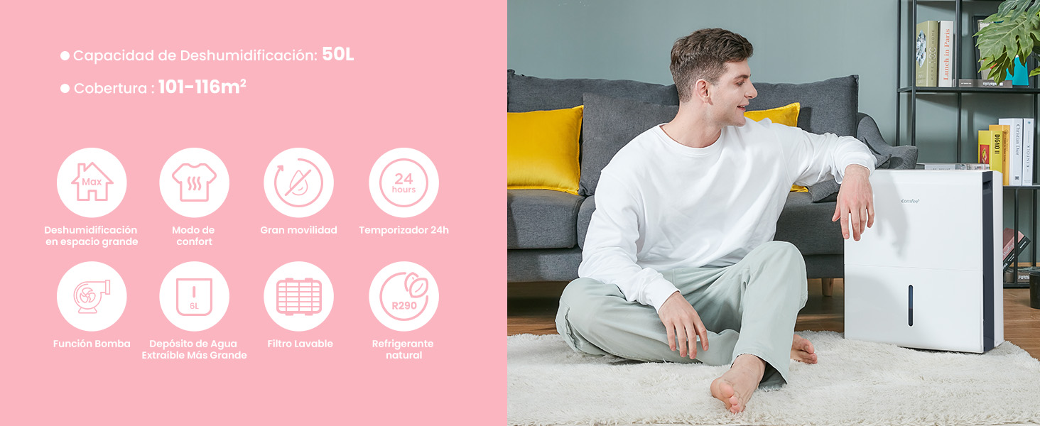 al lado de una persona sentada en el suelo. Infografía rosa que muestra las características del producto con iconos circulares. Dispositivo apto para purificar el aire o controlar la humedad
