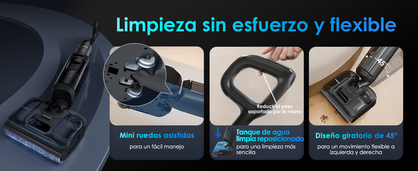 El texto dice «Limpieza sin esfuerzo y flexible». Varias imágenes muestran una aspiradora robótica negra desde diferentes ángulos que demuestran sus capacidades de limpieza.