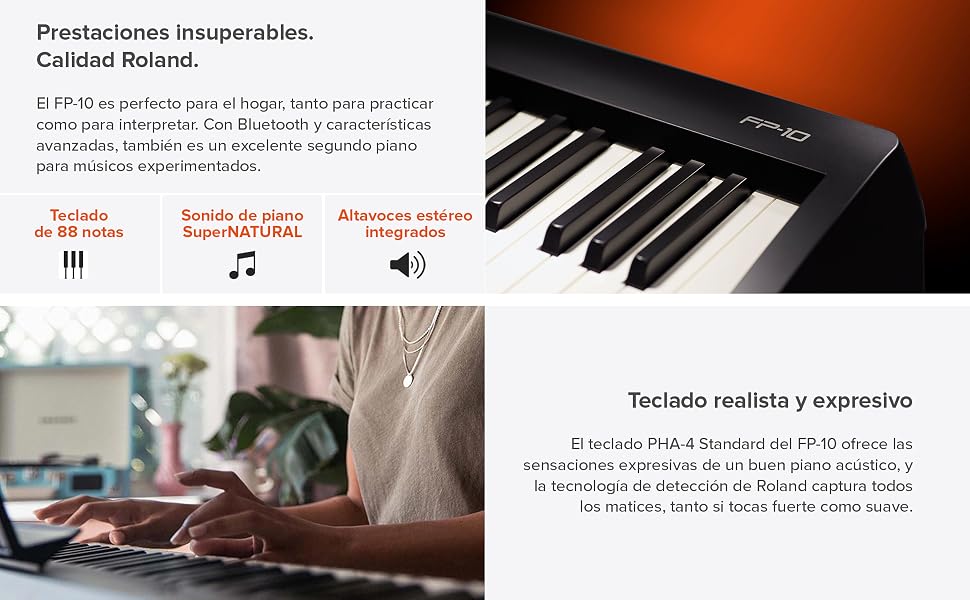 El texto dice «Prestaciones insuperables. Calidad Roland. ' Primer plano de las teclas del piano digital y del panel de interfaz con iconos que muestran la sensibilidad táctil, la calidad del sonido y las funciones de audio del monitor.