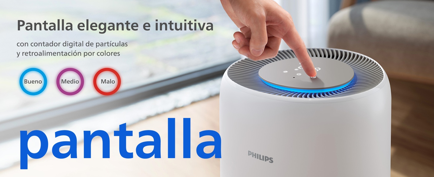 El texto dice «Pantalla elegante e intuitiva» y «pantalla». Dispositivo circular blanco con indicadores circulares azules, rosas y rojos en la pantalla.