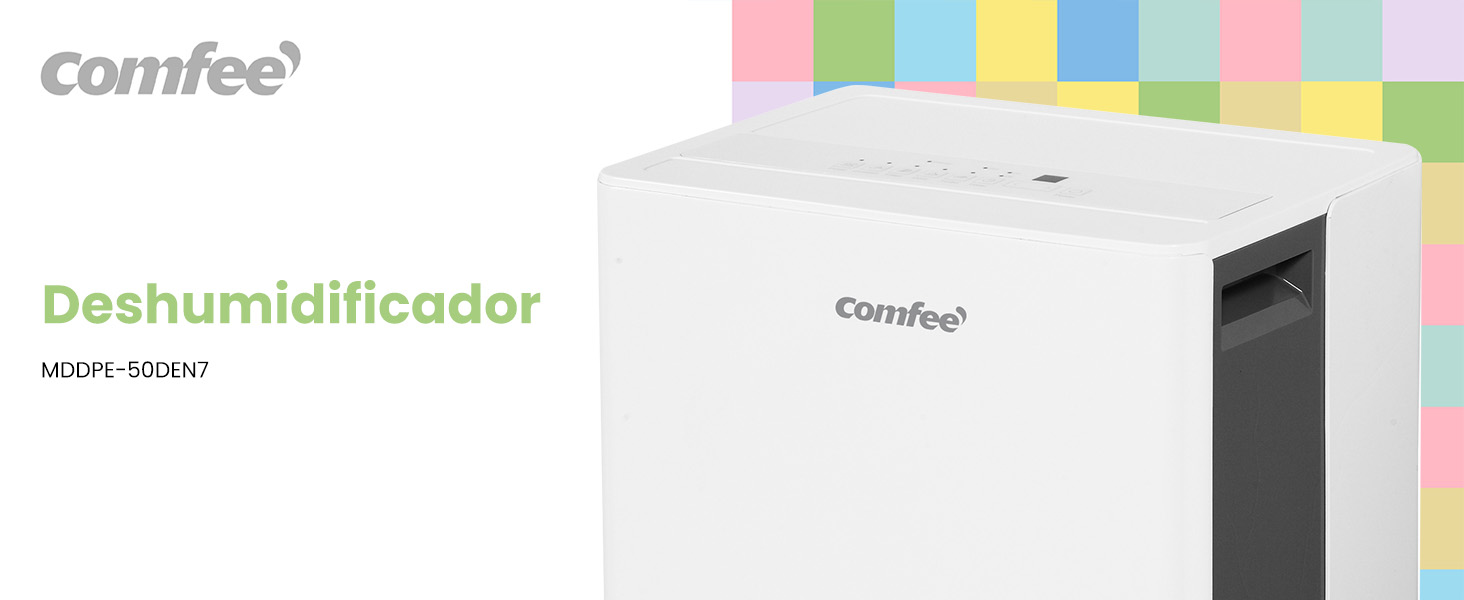 con la marca «Comfee». La colorida barra de arriba muestra varios colores pastel. Texto «Deshumidificador