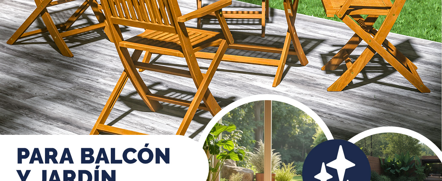 que incluye sillas y una mesa en una terraza. El texto en español indica que es para uso en balcones y jardines. La imagen insertada muestra una vista soleada al jardín