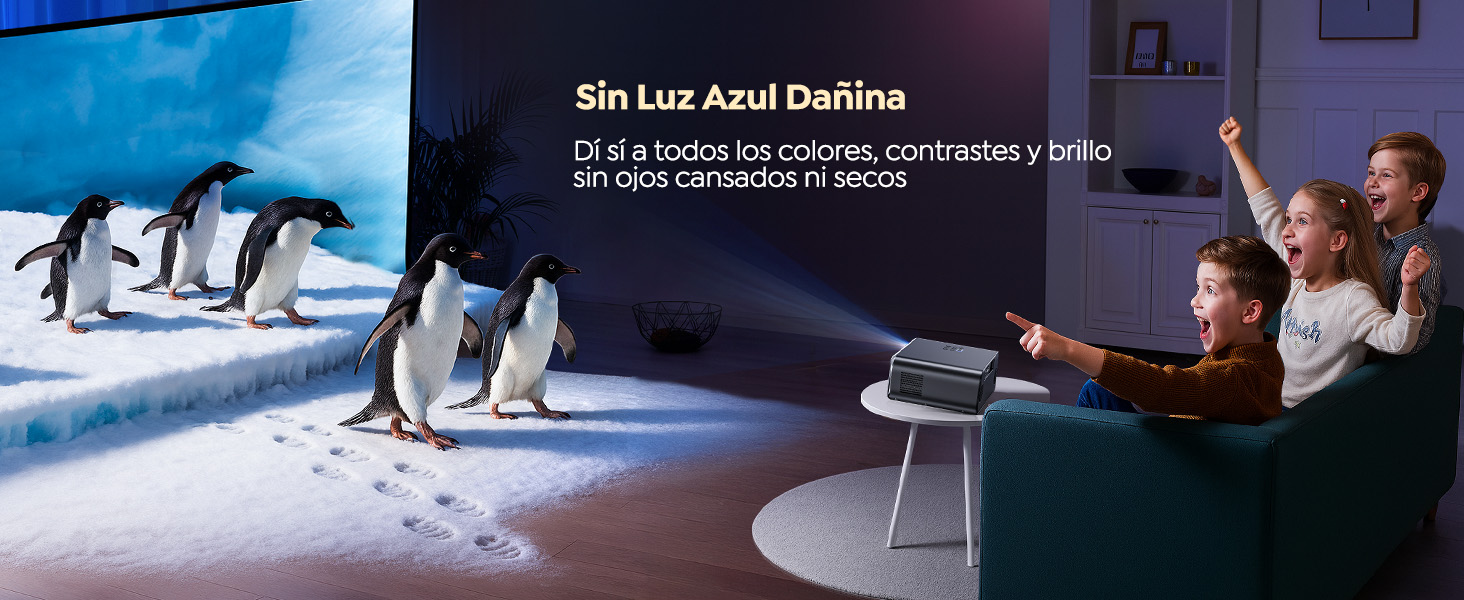 El texto dice «Sin Luz Azul Dañina». Serie de pantallas o monitores curvos iluminados en entornos oscuros que muestran la tecnología de reducción de luz azul.