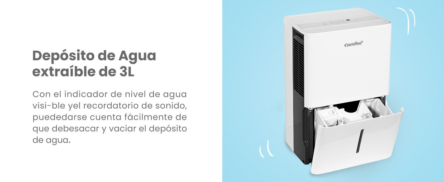 con tanque extraíble de 3 litros, con indicador de nivel de agua e interfaz de control en el panel frontal
