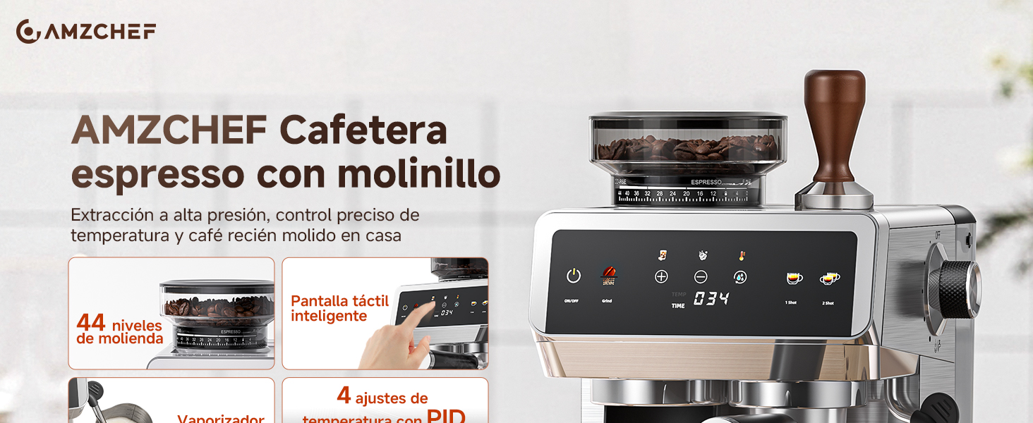 El texto dice «AMZCHEF Cafetera espresso con molinillo». Demostración del producto de la máquina de café que muestra los distintos pasos del proceso de elaboración del espresso.
