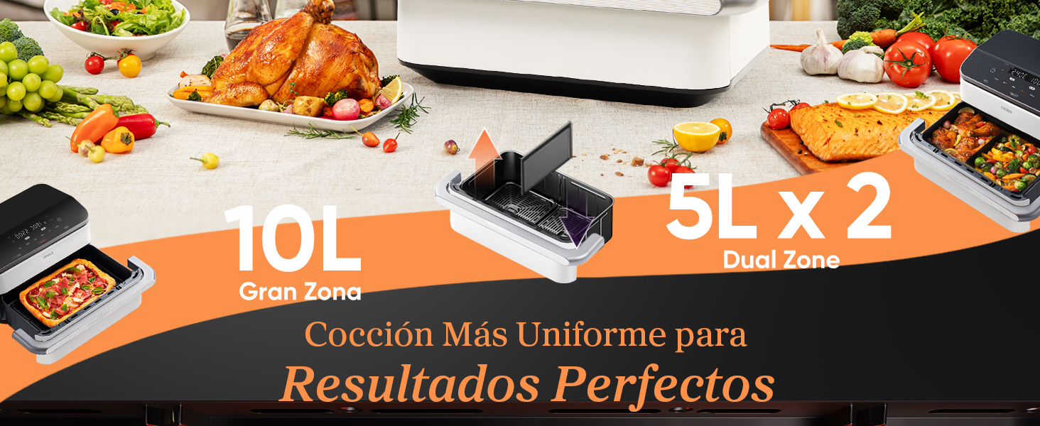 El texto dice «5LX 2» e «IOL» con «Resultados Perfectos» en español. Muestra la superficie de preparación de alimentos con varios platos y un ordenador portátil, lo que sugiere una configuración profesional para fotografiar alimentos.