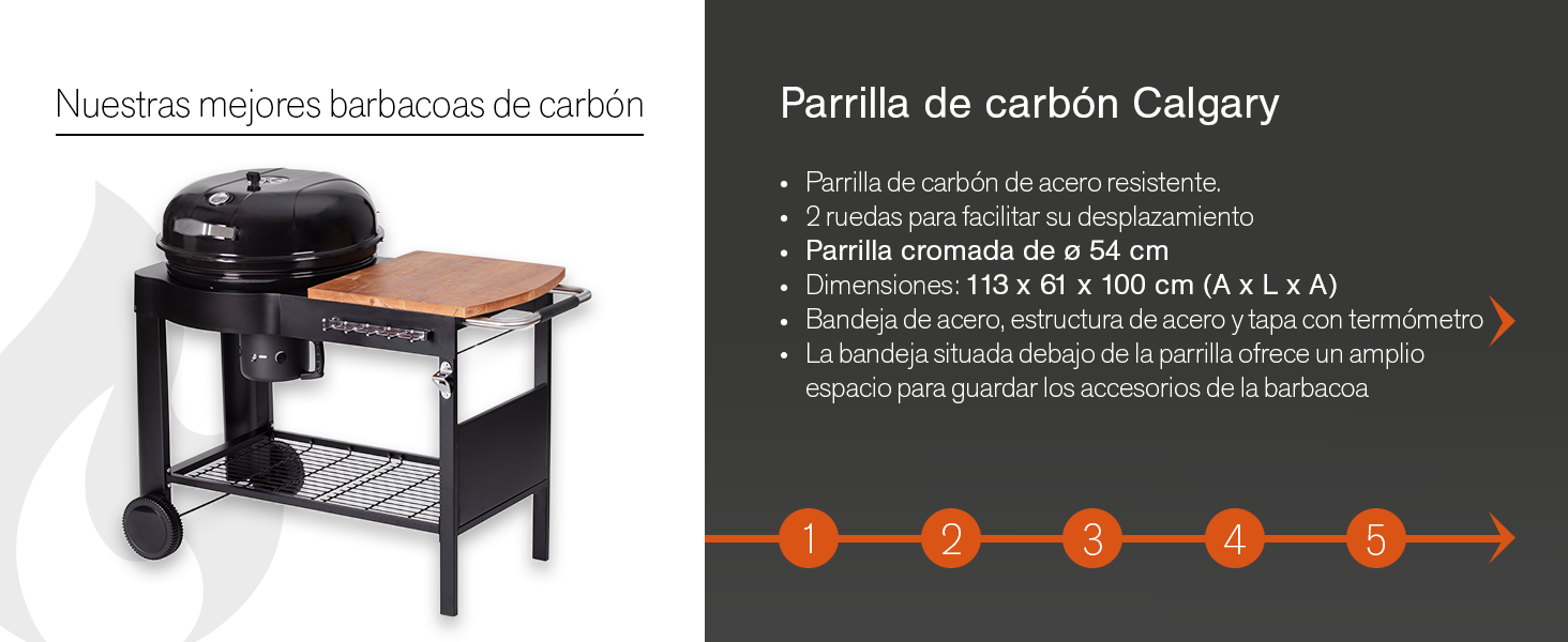 El texto dice «Parrilla de carbón Calgary» seguido de especificaciones con viñetas. La imagen muestra una parrilla exterior negra con un estante lateral y un estante de almacenamiento inferior.