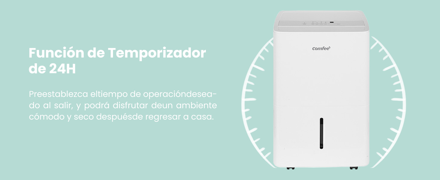 Diagrama de la interfaz del producto que muestra la función de temporizador de 24 horas con un icono de reloj blanco circular sobre un fondo verde azulado