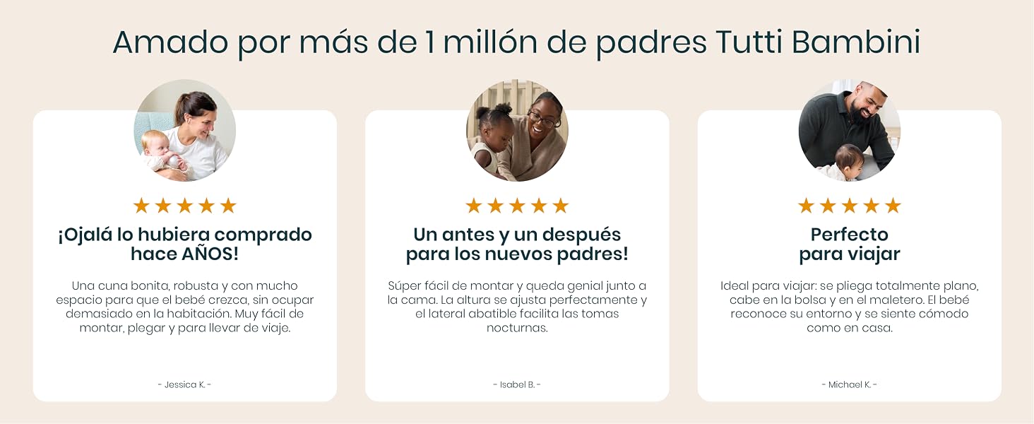 El texto dice «Amado por más de 1 millón de padres Tutti Bambini». Tres imágenes circulares de testimonios de clientes dispuestas horizontalmente con texto en español debajo de cada una.