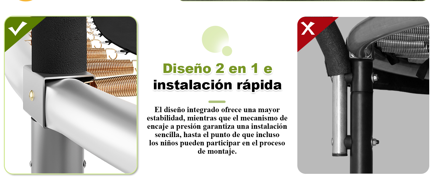 El texto dice «instalación rápida», «Diseño 2 en 1». Diagrama técnico que muestra las instrucciones de instalación de un sistema de montaje con indicadores con marcas de verificación y con forma de X.