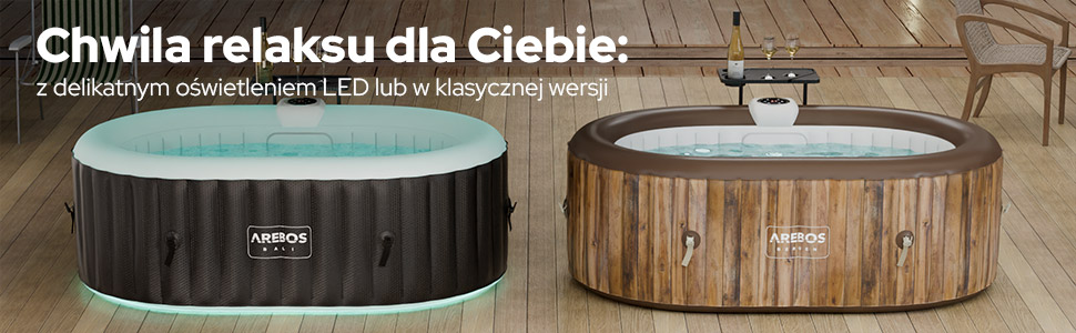 Tekst brzmi: „Chwila relaksu dla Ciebie”. Dwie okrągłe nadmuchiwane wanny z hydromasażem wyświetlane obok siebie: jedna ciemnoszara i jedna drewnobrązowa, obie ze zintegrowanymi siedzeniami i białymi krawędziami obręczy.