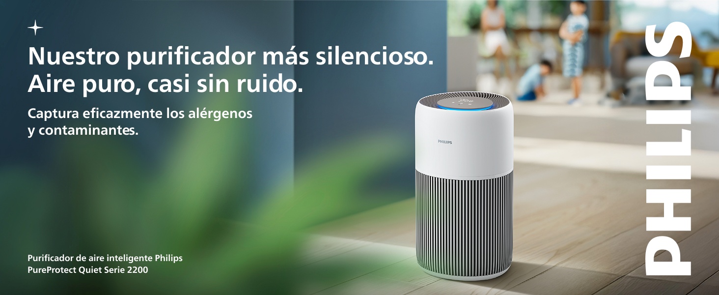 El texto dice «Nuestro purificador más silencioso» y «Aire puro, casi sin ruido». Imágenes de marketing del producto que muestran un purificador de aire con un componente de filtro.